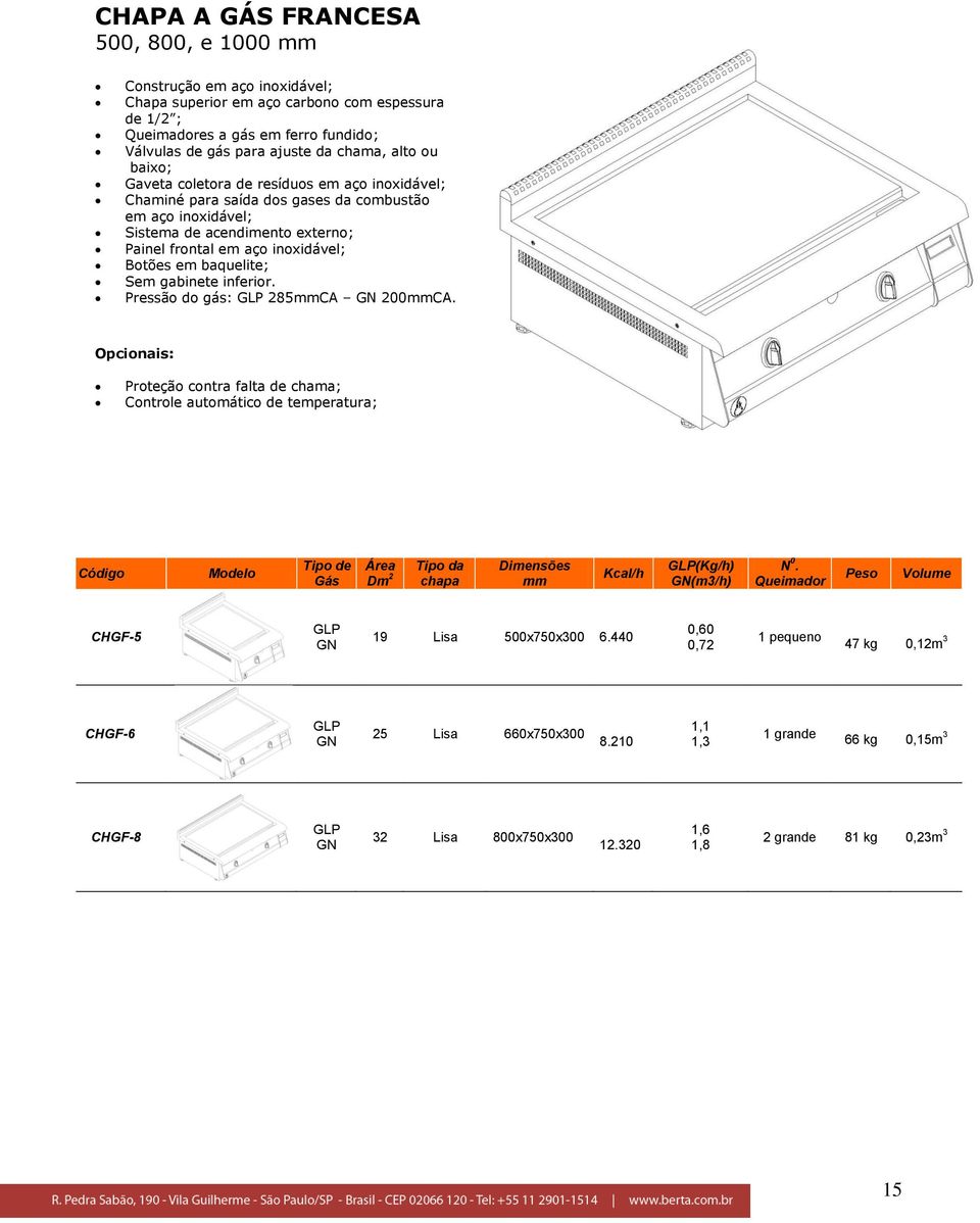 Pressão do gás: 285CA 200CA. Opcionais: Proteção contra falta de chama; Controle automático de temperatura; Código Modelo Tipo de Gás Área Dm 2 Tipo da chapa Kcal/h (Kg/h) (m3/h) N 0.