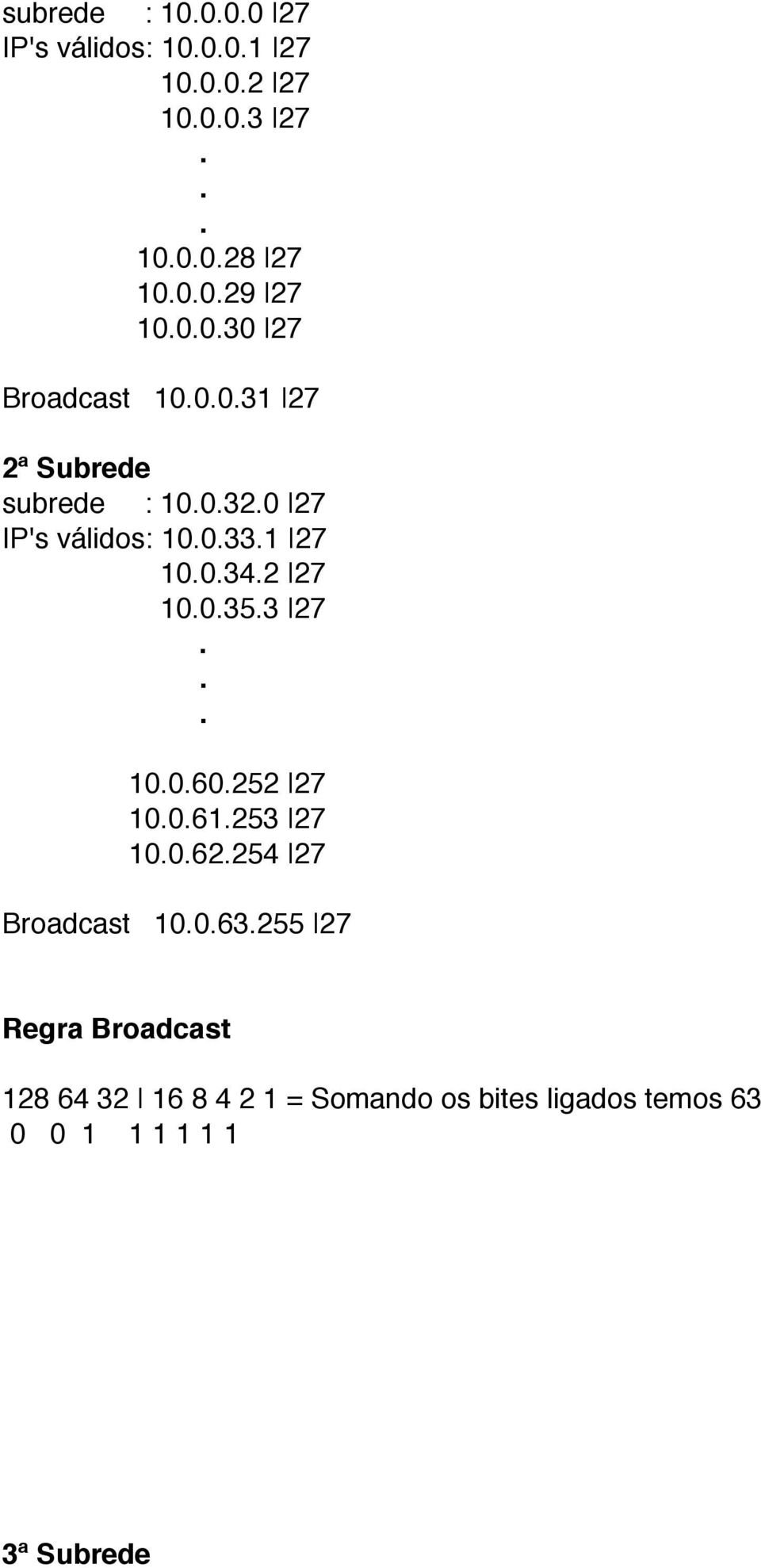 2 27 10.0.35.3 27... 10.0.60.252 27 10.0.61.253 27 10.0.62.254 27 Broadcast 10.0.63.