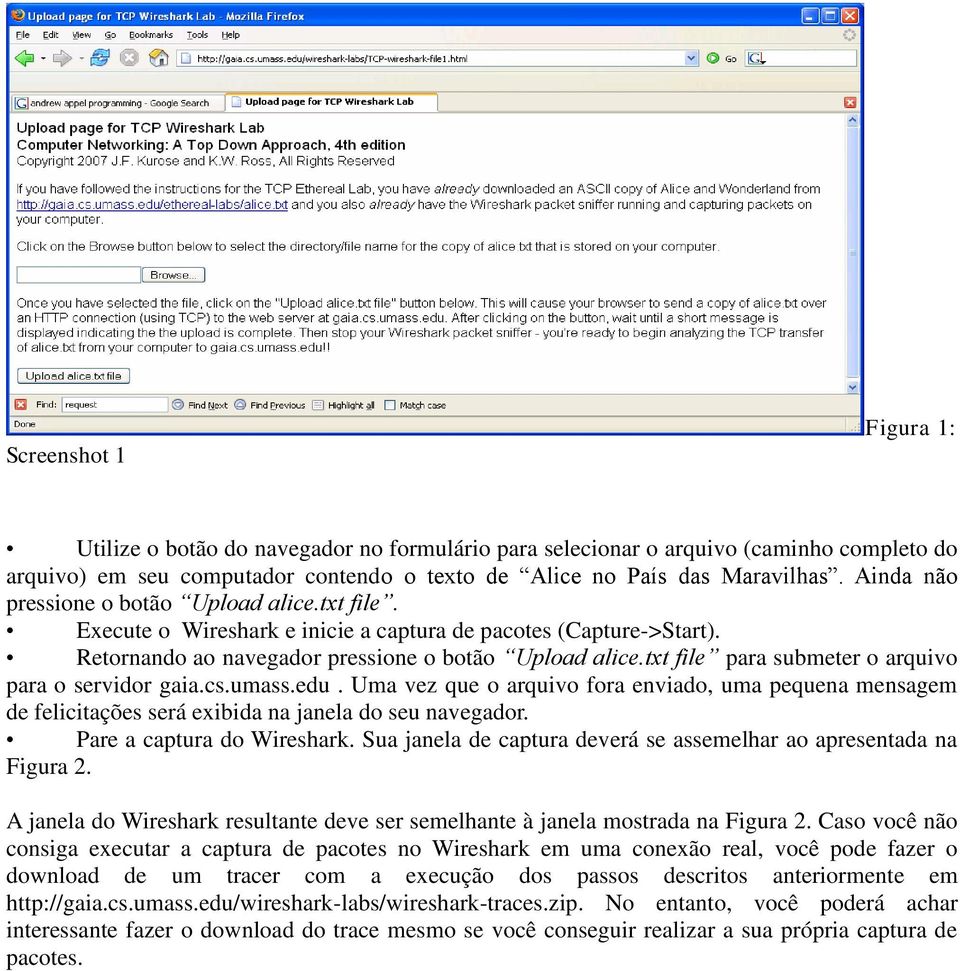 txt file para submeter o arquivo para o servidor gaia.cs.umass.edu. Uma vez que o arquivo fora enviado, uma pequena mensagem de felicitações será exibida na janela do seu navegador.