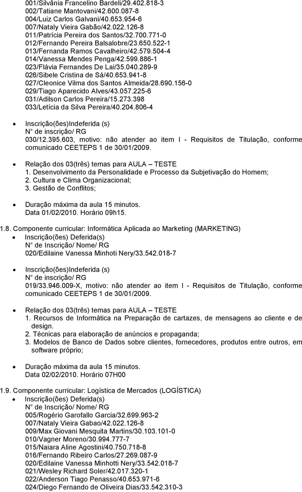 289-9 026/Sibele Cristina de Sá/40.653.941-8 027/Cleonice Vilma dos Santos Almeida/28.690.156-0 029/Tiago Aparecido Alves/43.057.225-6 033/Letícia da Silva Pereira/40.204.