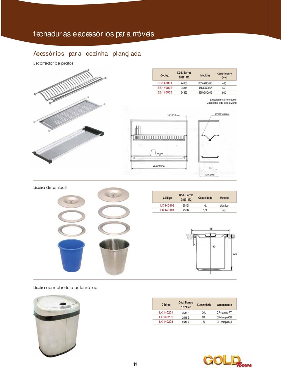 Lixeira de embutir Capacidade Material L 1402 L 1401 25151 25144 4L 5,5L plástico inox Lixeira com abertura