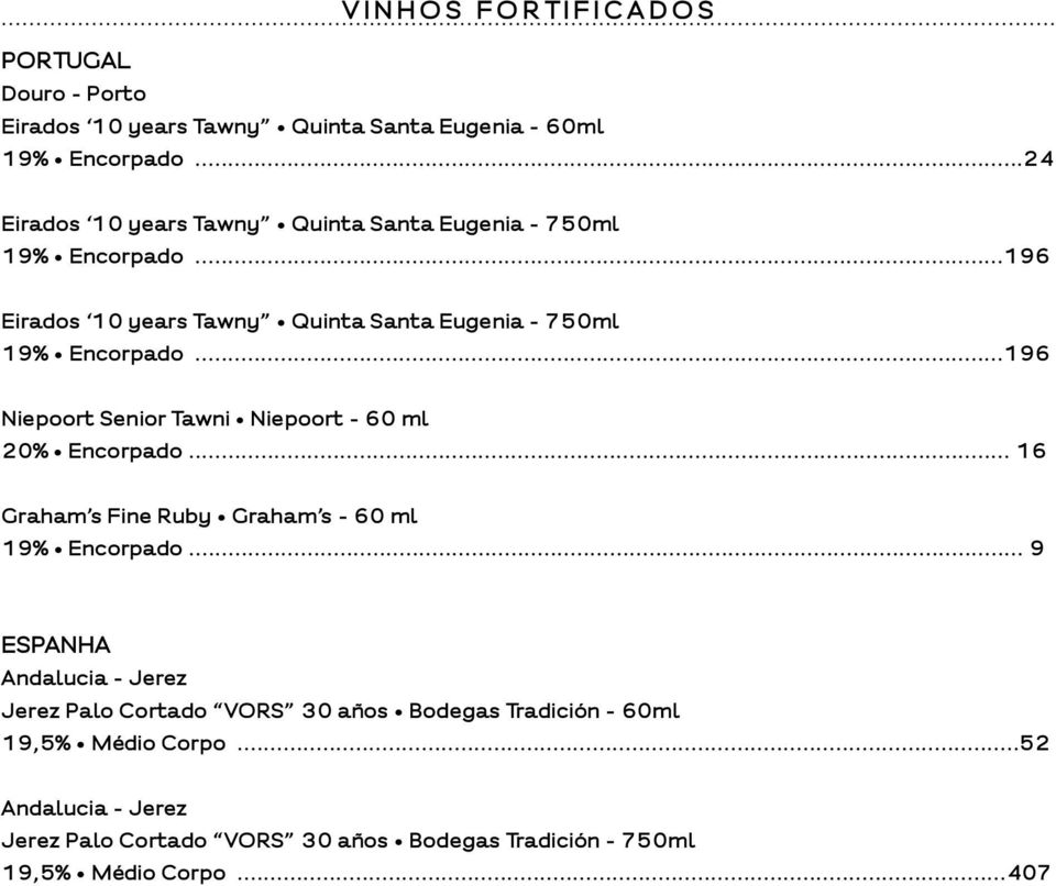 ..196 Niepoort Senior Tawni Niepoort - 60 ml 20% Encorpado... 16 Graham s Fine Ruby Graham s - 60 ml 19% Encorpado.