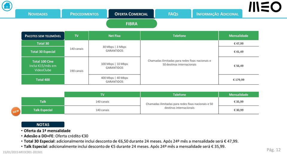 Chamadas ilimitadas para redes fixas nacionais e 50 35,99 Talk Especial 140 canais destinos internacionais 30,99 NOTAS Oferta da 1ª mensalidade Adesão a DD+FE: Oferta crédito 30 Total 30 Especial: