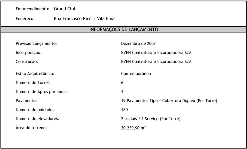 Incorporadora S/A Contemporâneo Numero de Torres: 6 Numero de Aptos por andar: 4 Pavimentos: 19 Pavimentos Tipo +