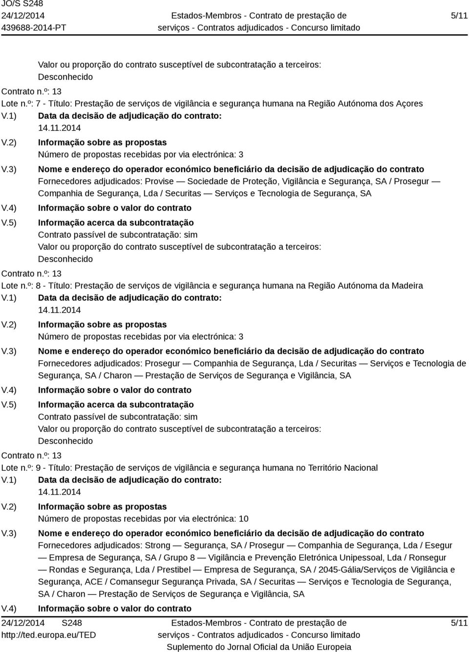 Proteção, Vigilância e Segurança, SA / Prosegur Companhia de Segurança, Lda / Securitas Serviços e Tecnologia de Segurança, SA Lote n.