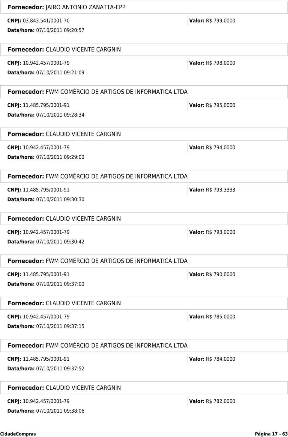 942.457/0001-79 Valor: R$ 793,0000 Data/hora: 07/10/2011 09:30:42 CNPJ: 11.485.795/0001-91 Valor: R$ 790,0000 Data/hora: 07/10/2011 09:37:00 CNPJ: 10.942.457/0001-79 Valor: R$ 785,0000 Data/hora: 07/10/2011 09:37:15 CNPJ: 11.