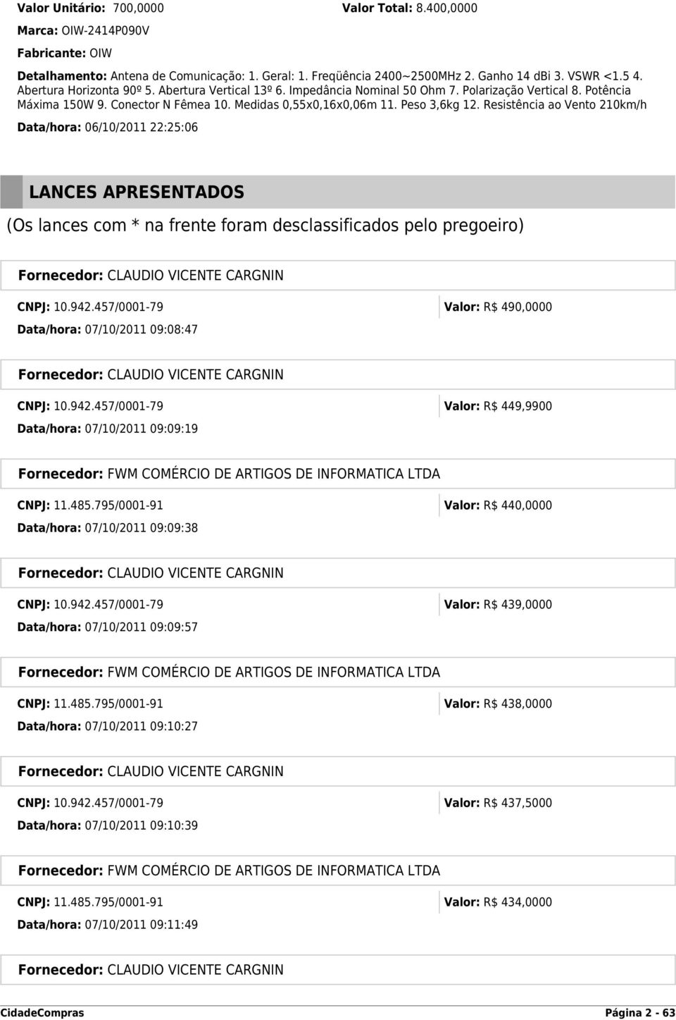 Resistência ao Vento 210km/h Data/hora: 06/10/2011 22:25:06 LANCES APRESENTADOS (Os lances com * na frente foram desclassificados pelo pregoeiro) CNPJ: 10.942.