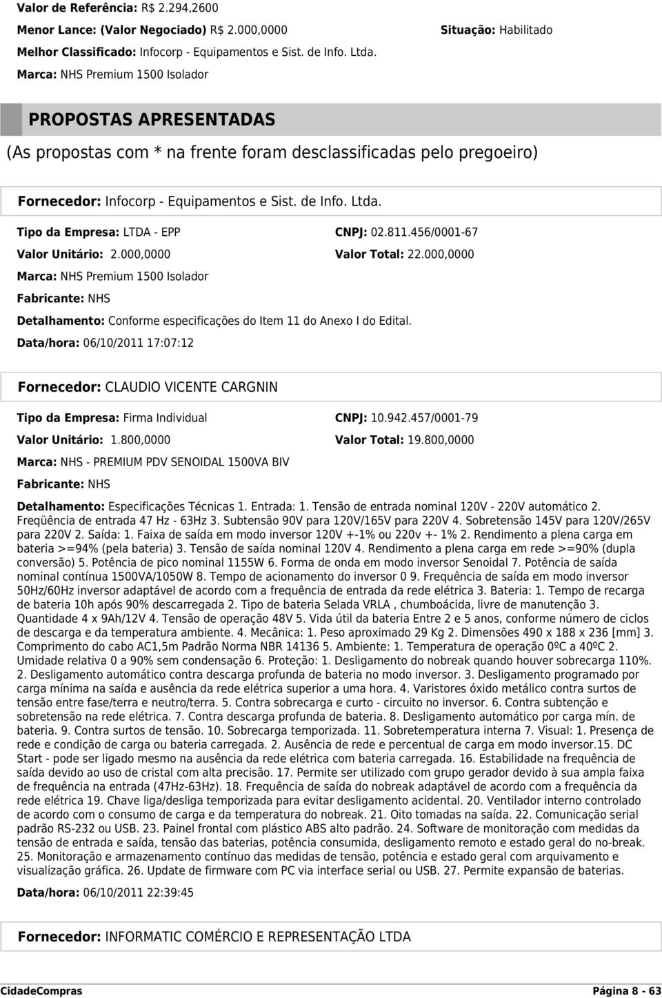 Ltda. Tipo da Empresa: LTDA - EPP CNPJ: 02.811.456/0001-67 Valor Unitário: 2.000,0000 Valor Total: 22.