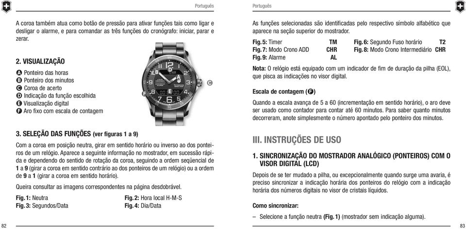 SELEÇÃO DAS FUNÇÕES (ver figuras 1 a 9) Com a coroa em posição neutra, girar em sentido horário ou inverso ao dos ponteiros de um relógio.