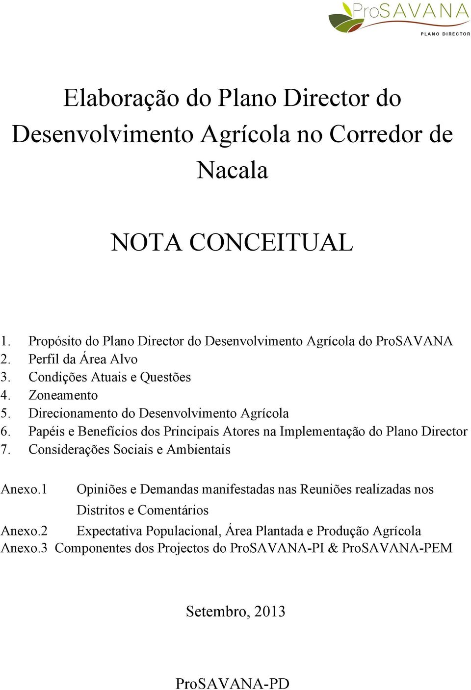 Direcionamento do Desenvolvimento Agrícola 6. Papéis e Benefícios dos Principais Atores na Implementação do Plano Director 7.
