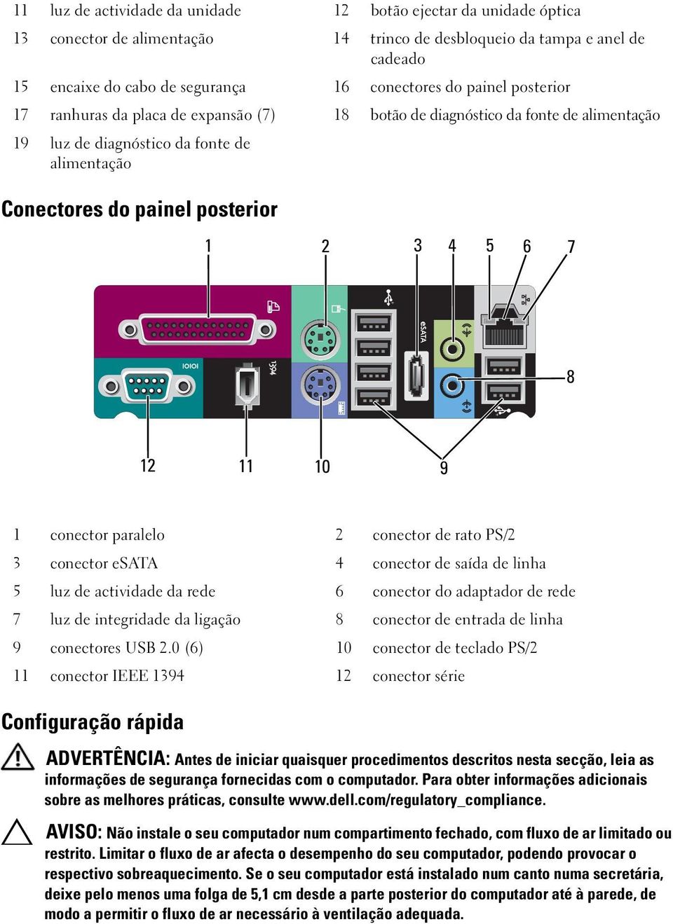 11 10 9 1 conector paralelo 2 conector de rato PS/2 3 conector esata 4 conector de saída de linha 5 luz de actividade da rede 6 conector do adaptador de rede 7 luz de integridade da ligação 8