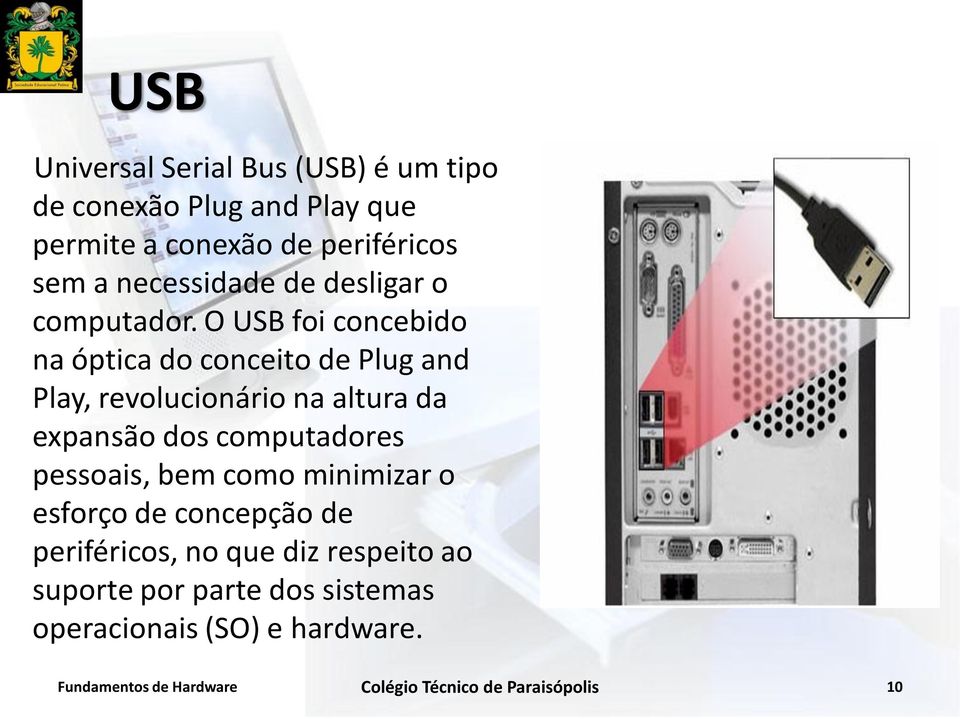 O USB foi concebido na óptica do conceito de Plug and Play, revolucionário na altura da expansão dos