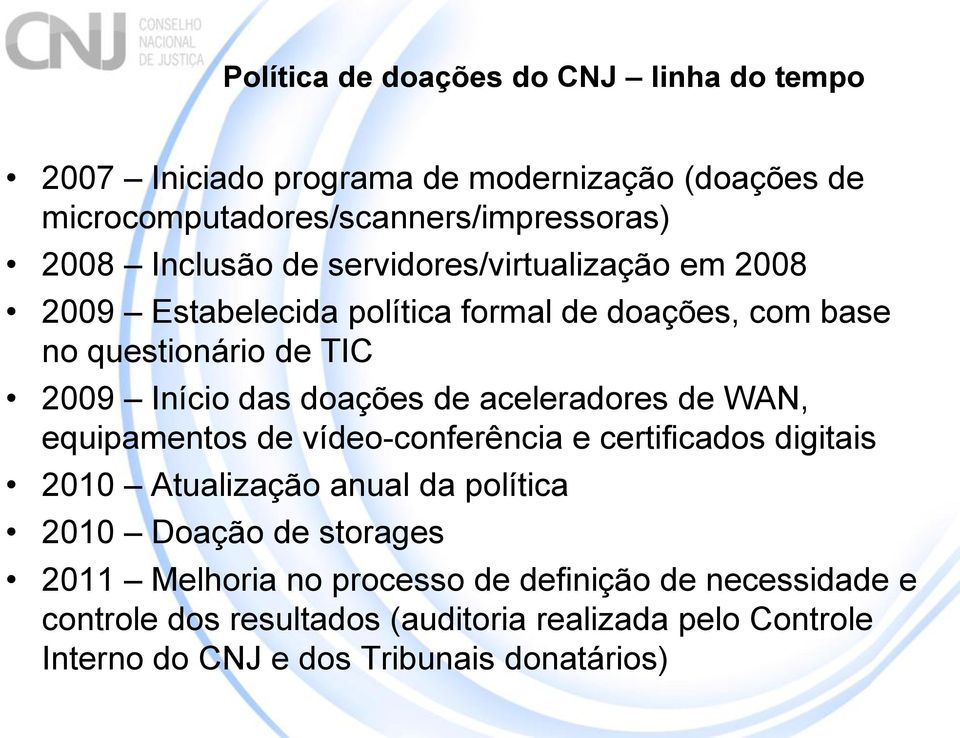doações de aceleradores de WAN, equipamentos de vídeo-conferência e certificados digitais 2010 Atualização anual da política 2010 Doação de