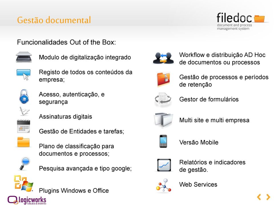 Pesquisa avançada e tipo google; Plugins Windows e Office Workflow e distribuição AD Hoc de documentos ou processos Gestão de