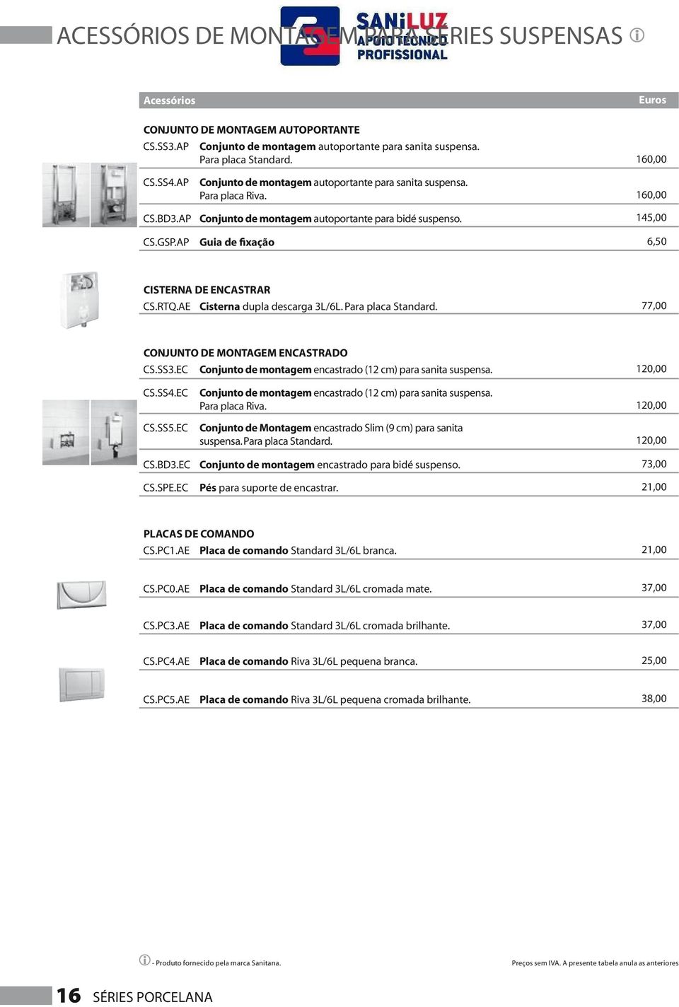 Guia de fixação 160,00 145,00 6,50 CISTERNA DE ENCASTRAR CS.RTQ.AE Cisterna dupla descarga 3L/6L. Para placa Standard. 77,00 CONJUNTO DE MONTAGEM ENCASTRADO CS.SS3.