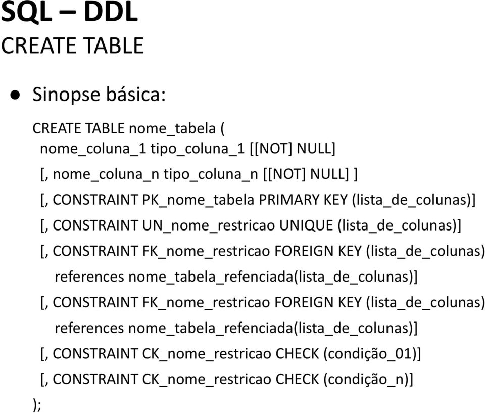 FOREIGN KEY (lista_de_clunas) references nme_tabela_refenciada(lista_de_clunas)] [, CONSTRAINT FK_nme_restrica FOREIGN KEY (lista_de_clunas)