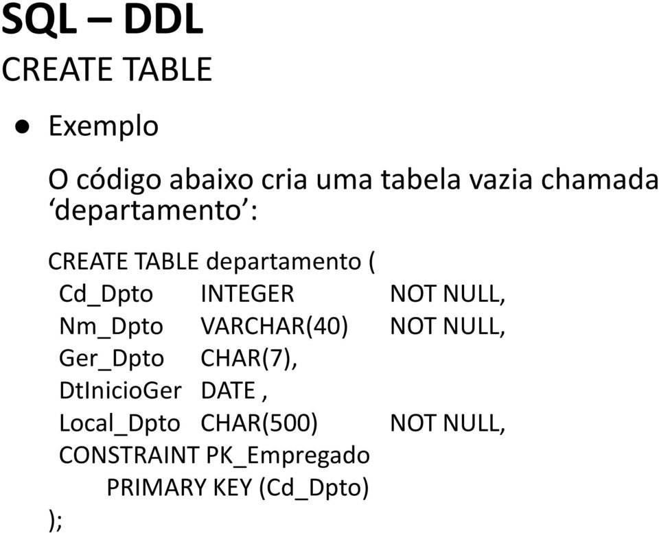 NULL, Nm_Dpt VARCHAR(40) NOT NULL, Ger_Dpt CHAR(7), DtIniciGer DATE,