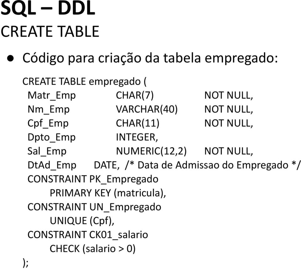 Sal_Emp NUMERIC(12,2) NOT NULL, DtAd_Emp DATE, /* Data de Admissa d Empregad */ CONSTRAINT