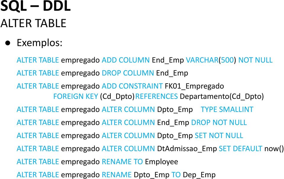 TYPE SMALLINT ALTER TABLE empregad ALTER COLUMN End_Emp DROP NOT NULL ALTER TABLE empregad ALTER COLUMN Dpt_Emp SET NOT NULL ALTER TABLE