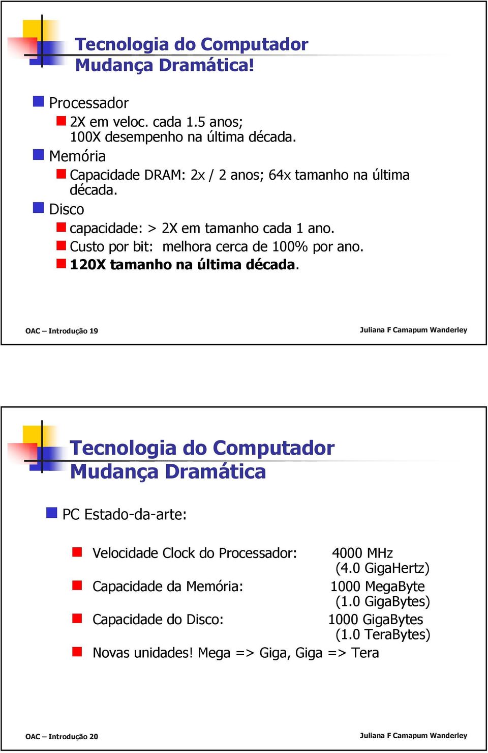 Custo por bit: melhora cerca de 100% por ano. 120X tamanho na última década.