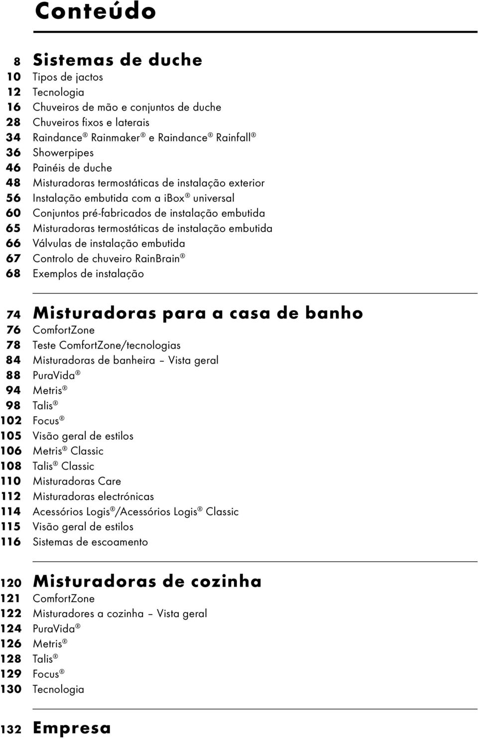 de instalação embutida 66 Válvulas de instalação embutida 67 Controlo de chuveiro RainBrain 68 Exemplos de instalação 74 Misturadoras para a casa de banho 76 ComfortZone 78 Teste