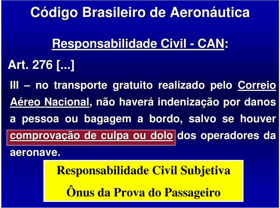 Aéreo Nacional,, não haverá indenização por danos a pessoa ou bagagem a bordo, salvo