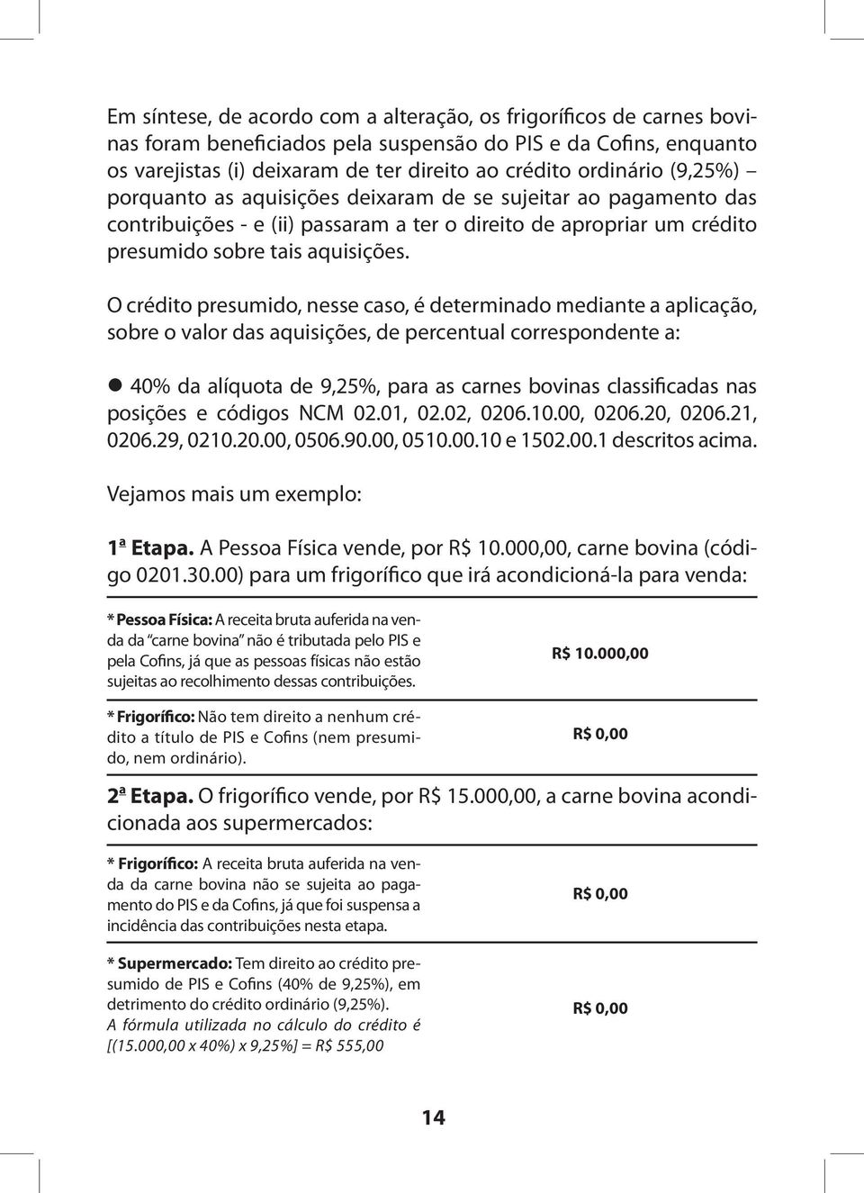 O crédito presumido, nesse caso, é determinado mediante a aplicação, sobre o valor das aquisições, de percentual correspondente a: 40% da alíquota de 9,25%, para as carnes bovinas classificadas nas