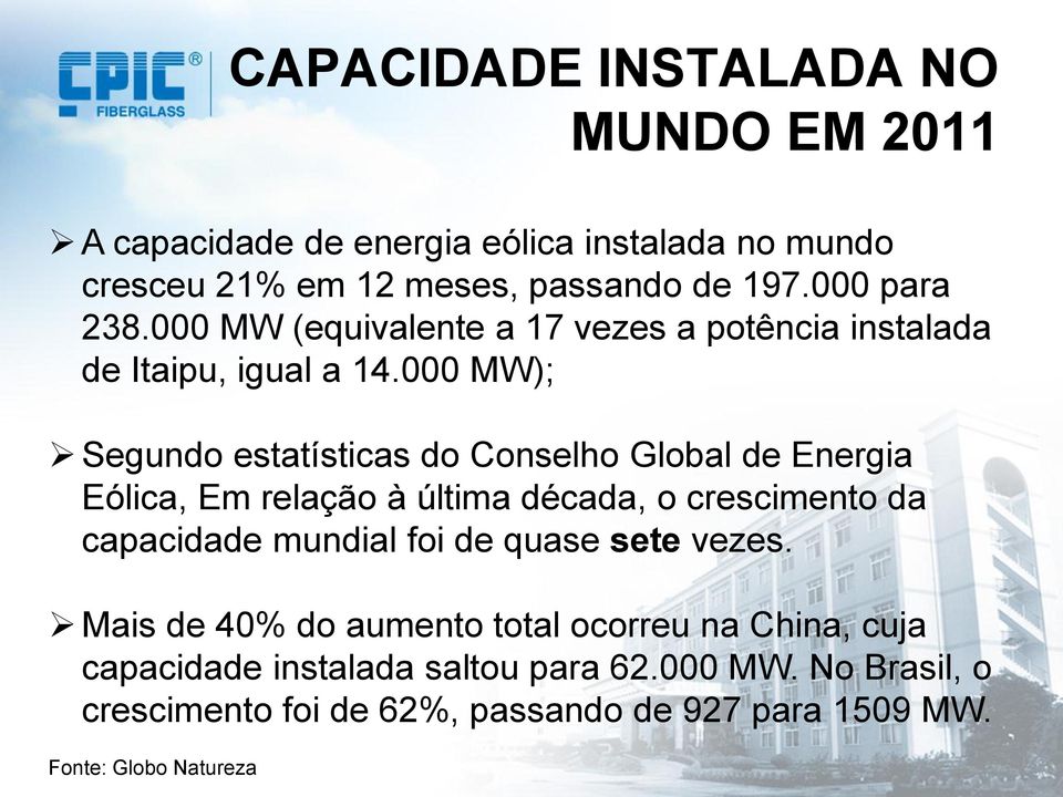 000 MW); Segundo estatísticas do Conselho Global de Energia Eólica, Em relação à última década, o crescimento da capacidade mundial foi de
