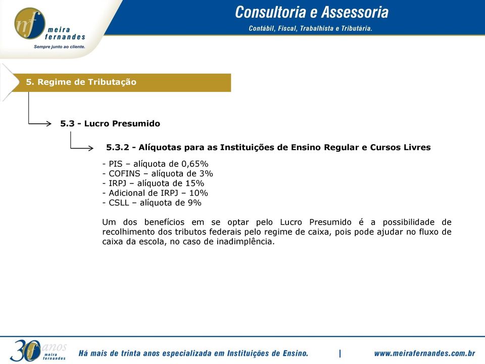 2 - Alíquotas para as Instituições de Ensino Regular e Cursos Livres - PIS alíquota de 0,65% - COFINS