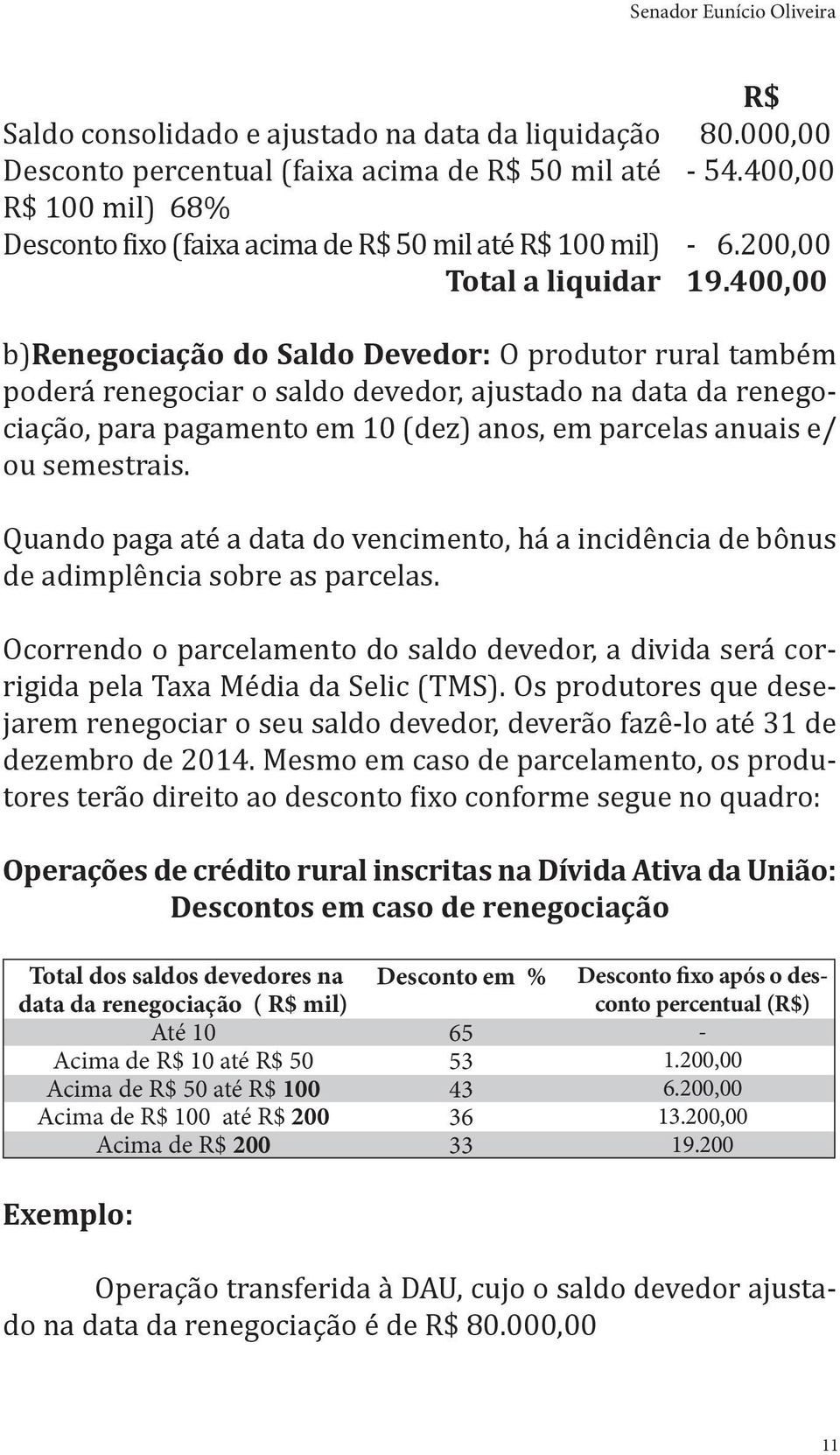 400,00 b)renegociação do Saldo Devedor: O produtor rural também poderá renegociar o saldo devedor, ajustado na data da renegociação, para pagamento em 10 (dez) anos, em parcelas anuais e/ ou