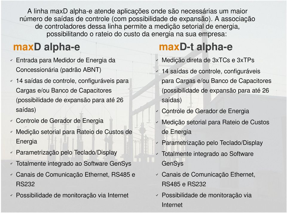 Energia da Concessionária (padrão ABNT) 14 saídas de controle, configuráveis para Cargas e/ou Banco de Capacitores (possibilidade de expansão para até 26 saídas) Controle de Gerador de Energia