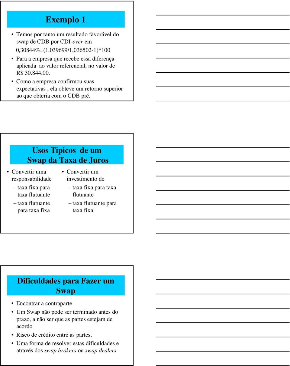 Usos Tipicos de um Swap da Taxa de Juros Convertir uma responsabilidade taxa fixa para taxa flutuante taxa flutuante para taxa fixa Convertir um investimento de taxa fixa para taxa flutuante taxa