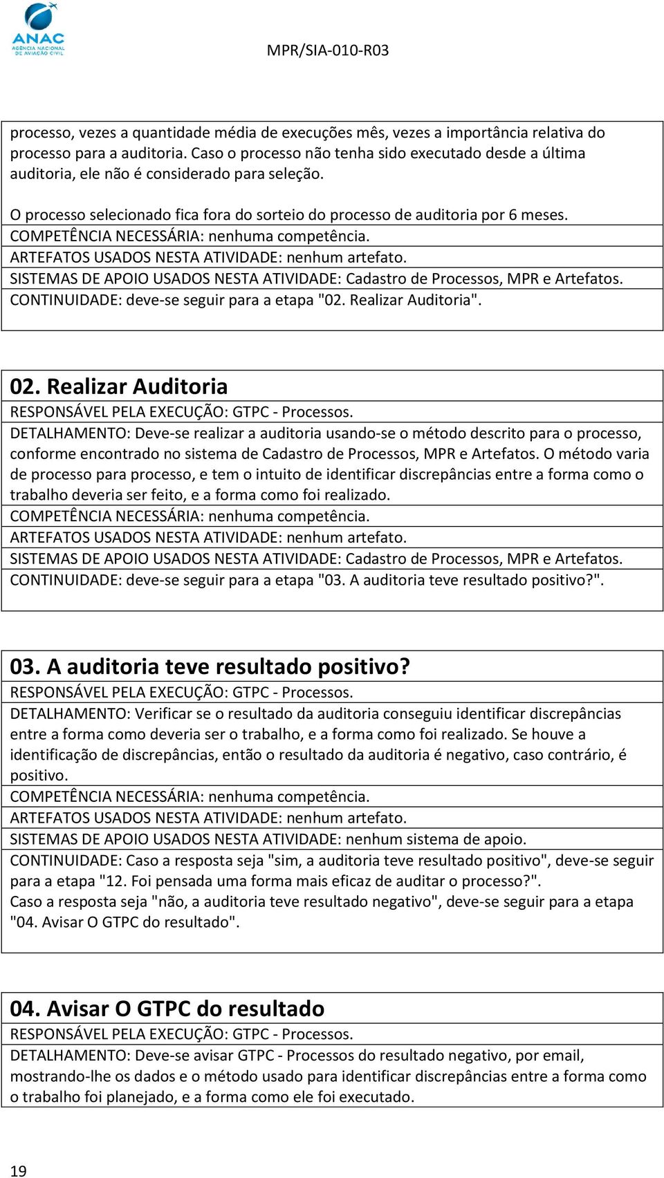 SISTEMAS DE APOIO USADOS NESTA ATIVIDADE: Cadastro de Processos, MPR e Artefatos. CONTINUIDADE: deve-se seguir para a etapa "02. Realizar Auditoria". 02.