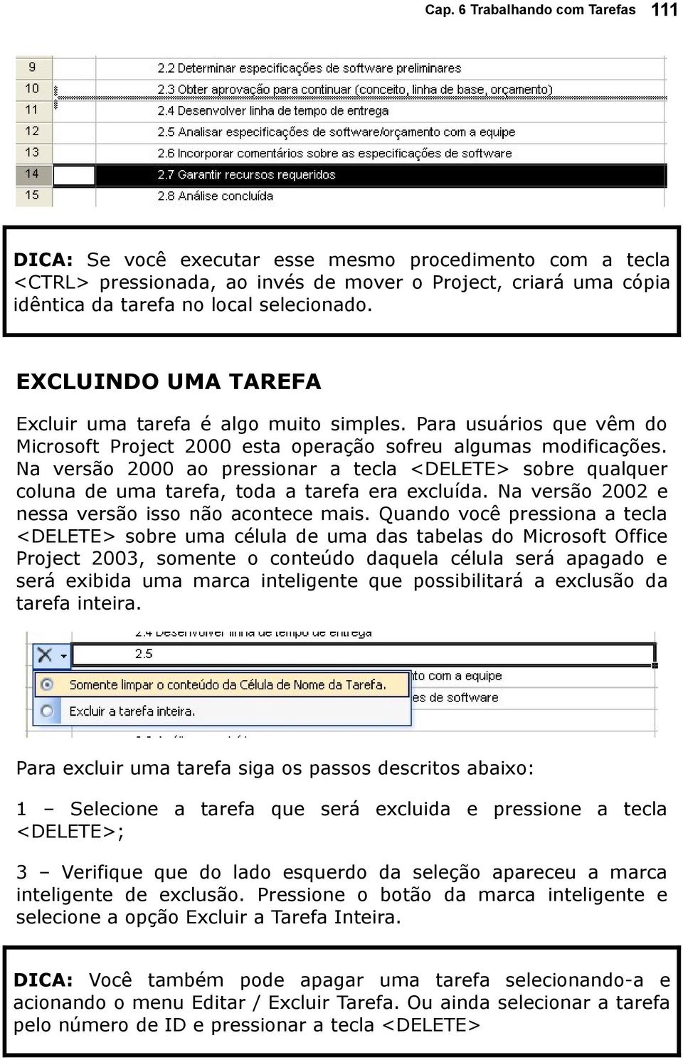 Na versão 2000 ao pressionar a tecla <DELETE> sobre qualquer coluna de uma tarefa, toda a tarefa era excluída. Na versão 2002 e nessa versão isso não acontece mais.