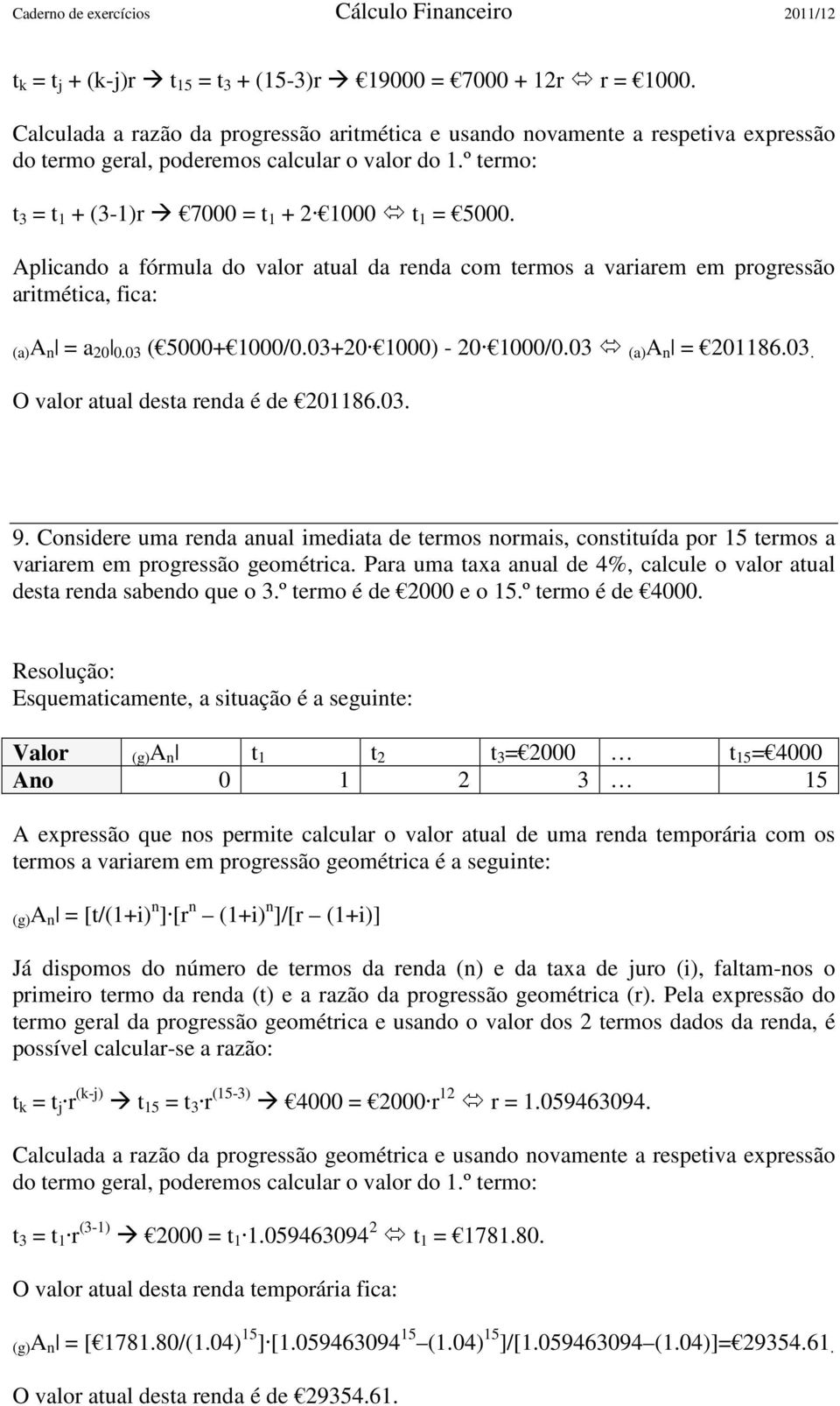 Aplicando a fórmula do valor atual da renda com termos a variarem em progressão aritmética, fica: (a)a n = a 20 0.03 ( 5000+ 1000/0.03+20 1000) - 20 1000/0.03 (a) A n = 201186.03. O valor atual desta renda é de 201186.