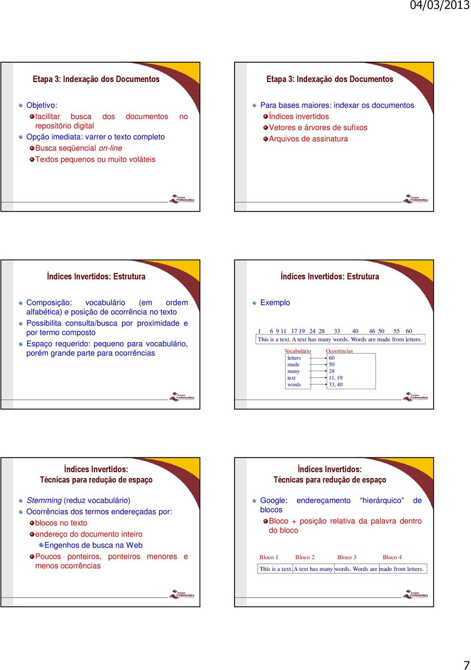 Invertidos: Estrutura Composição: vocabulário (em ordem alfabética) e posição de ocorrência no texto Possibilita consulta/busca por proximidade e por termo composto Espaço requerido: pequeno para