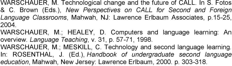 WARSCHAUER, M.; HEALEY, D. Computers and language learning: An overview. Language Teaching, v. 31, p. 57-71, 1998. WARSCHAUER, M.