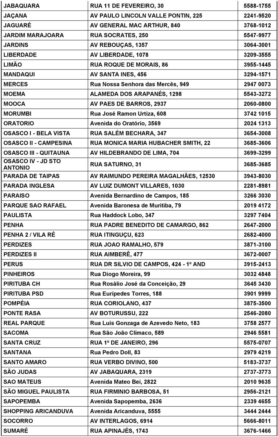 ALAMEDA DOS ARAPANÉS, 1298 5543-3272 MOOCA AV PAES DE BARROS, 2937 2060-0800 MORUMBI Rua José Ramon Urtiza, 608 3742 1015 ORATORIO Avenida do Oratório, 3569 2024 1313 OSASCO I - BELA VISTA RUA SALÉM