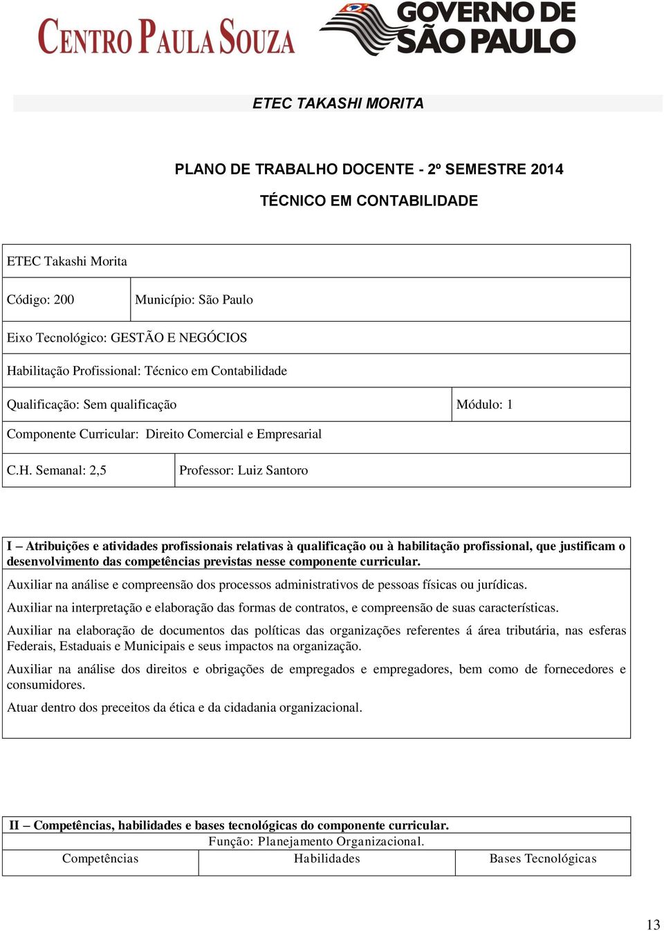 Semanal: 2,5 Professor: Luiz Santoro I Atribuições e atividades profissionais relativas à qualificação ou à habilitação profissional, que justificam o desenvolvimento das competências previstas nesse