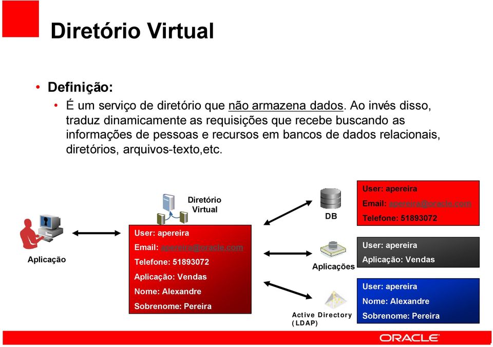 diretórios, arquivos-texto,etc. User: apereira Diretório Virtual DB Email: apereira@oracle.