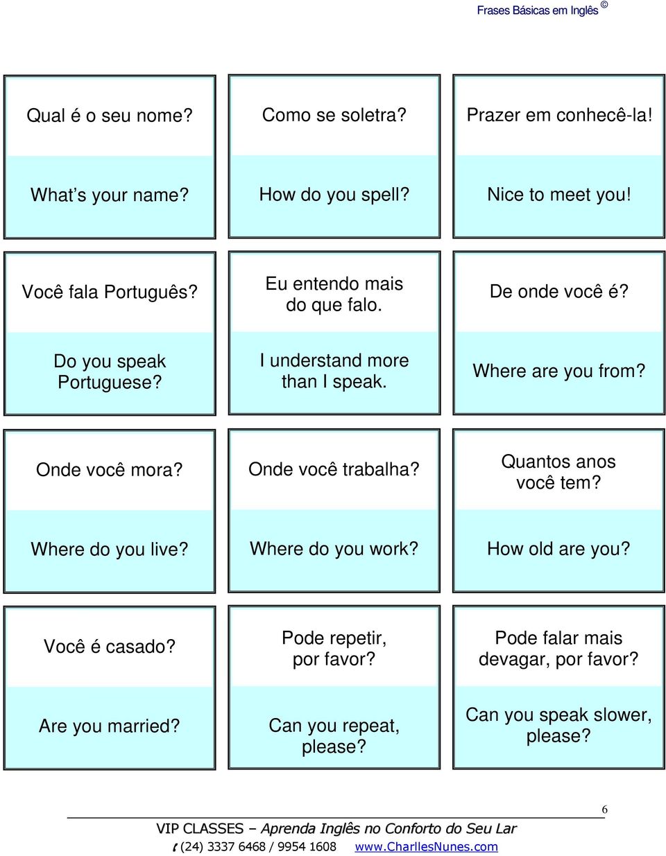 Where are you from? Onde você mora? Onde você trabalha? Quantos anos você tem? Where do you live? Where do you work?