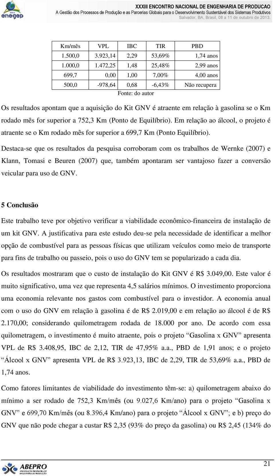 for superior a 752,3 Km (Ponto de Equilíbrio). Em relação ao álcool, o projeto é atraente se o Km rodado mês for superior a 699,7 Km (Ponto Equilíbrio).