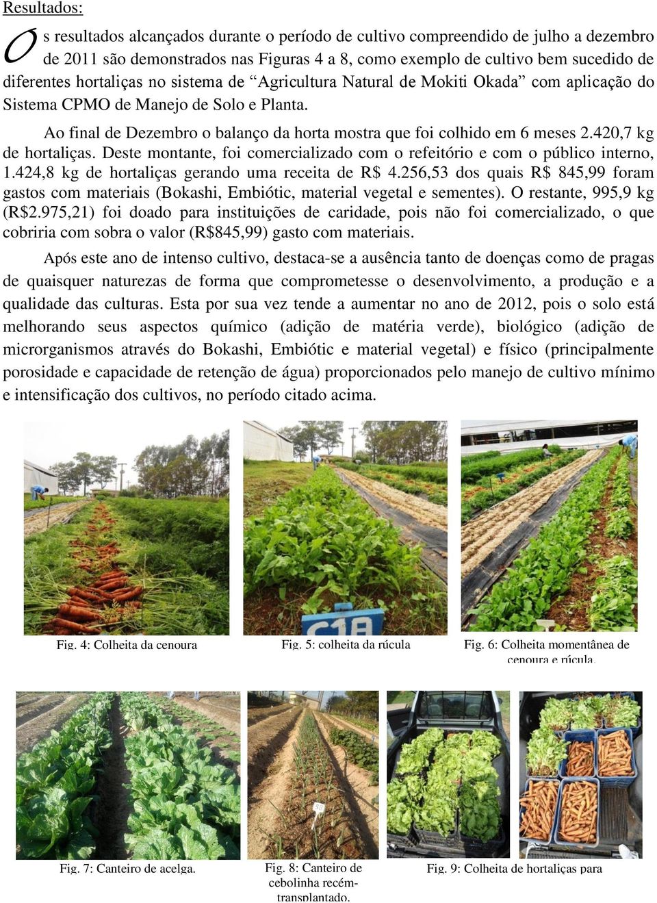 420,7 kg de hortaliças. Deste montante, foi comercializado com o refeitório e com o público interno, 1.424,8 kg de hortaliças gerando uma receita de R$ 4.