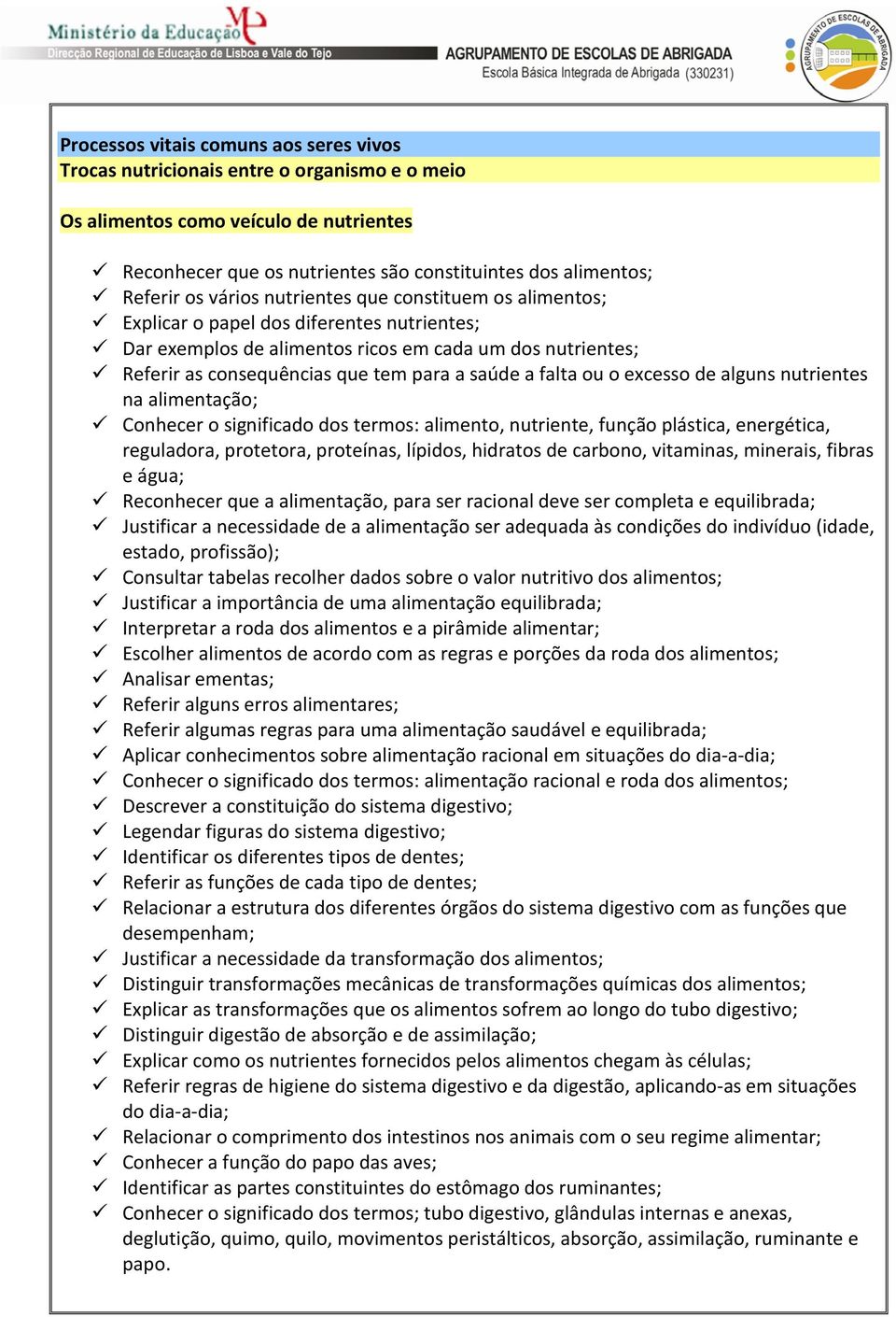 falta ou o excesso de alguns nutrientes na alimentação; Conhecer o significado dos termos: alimento, nutriente, função plástica, energética, reguladora, protetora, proteínas, lípidos, hidratos de