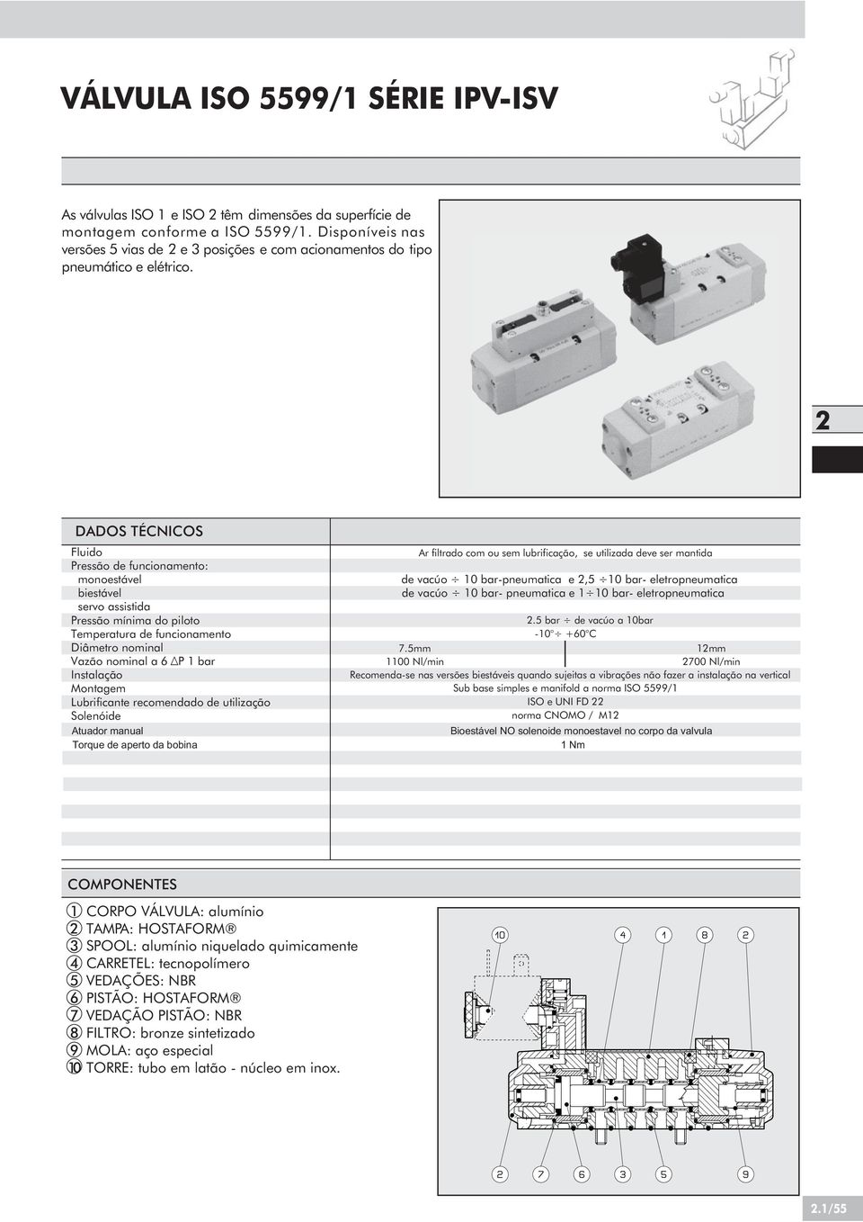 DADOS TÉCNICOS Fluido Pressão de funcionamento: monoestável biestável servo assistida Pressão mínima do piloto Temperatura de funcionamento Diâmetro nominal Vazão nominal a 6 P 1 bar Instalação