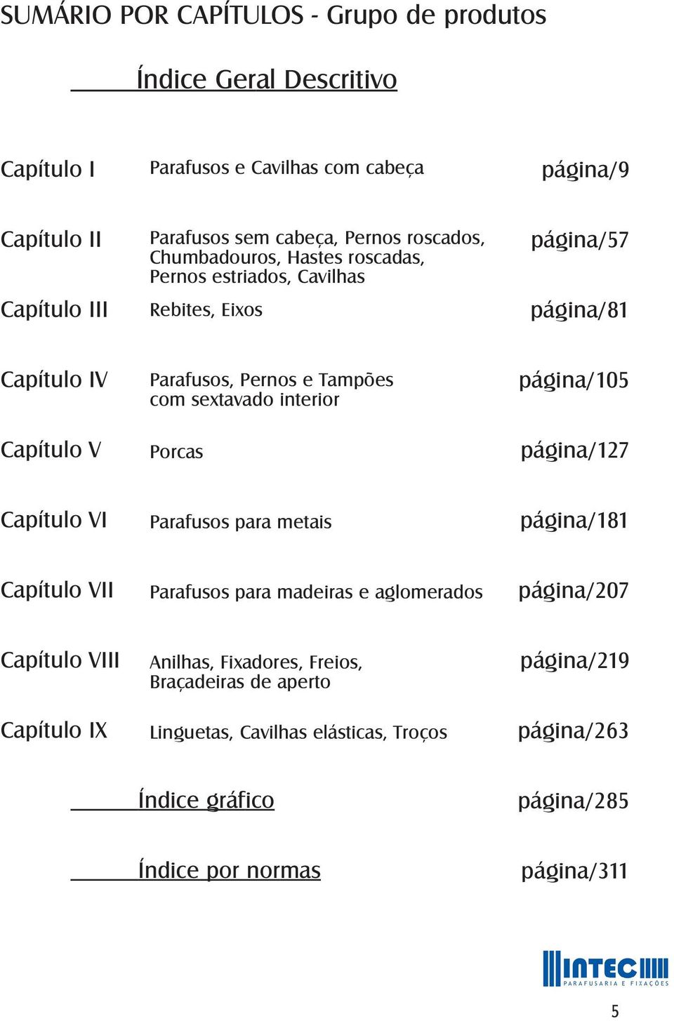 sextavado interior Porcas página/105 página/127 Capítulo VI Parafusos para metais página/181 Capítulo VII Parafusos para madeiras e aglomerados página/207 Capítulo VIII