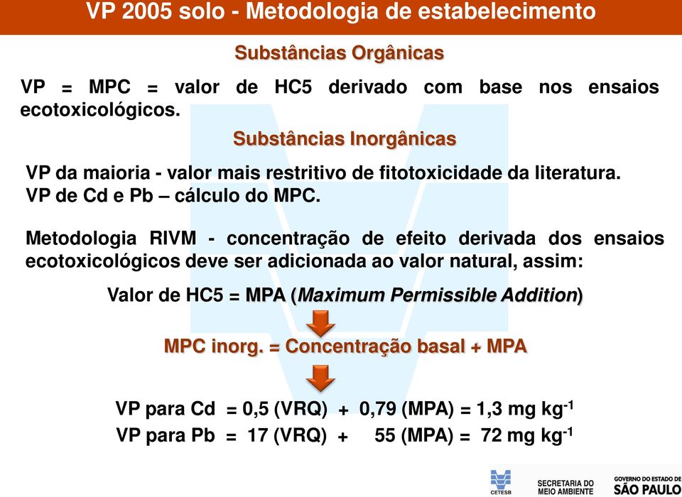 Metodologia RIVM - concentração de efeito derivada dos ensaios ecotoxicológicos deve ser adicionada ao valor natural, assim: Valor de HC5 = MPA