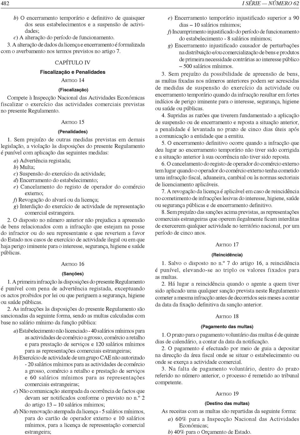 CAPÍTULO IV Fiscalização e Penalidades ARTIGO 14 (Fiscalização) Compete à Inspecção Nacional das Actividades Económicas fiscalizar o exercício das actividades comerciais previstas no presente