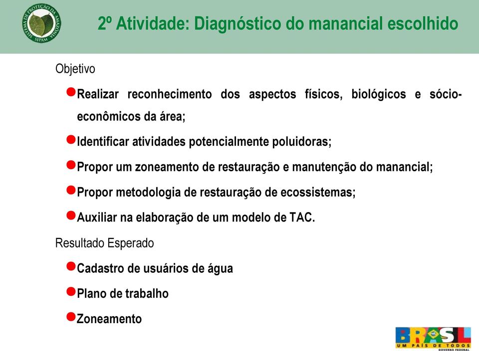 zoneamento de restauração e manutenção do manancial; Propor metodologia de restauração de ecossistemas;