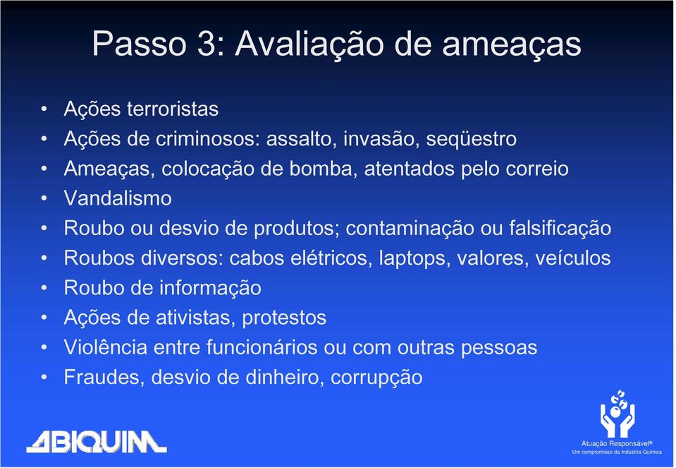 ou falsificação Roubos diversos: cabos elétricos, laptops, valores, veículos Roubo de informação Ações